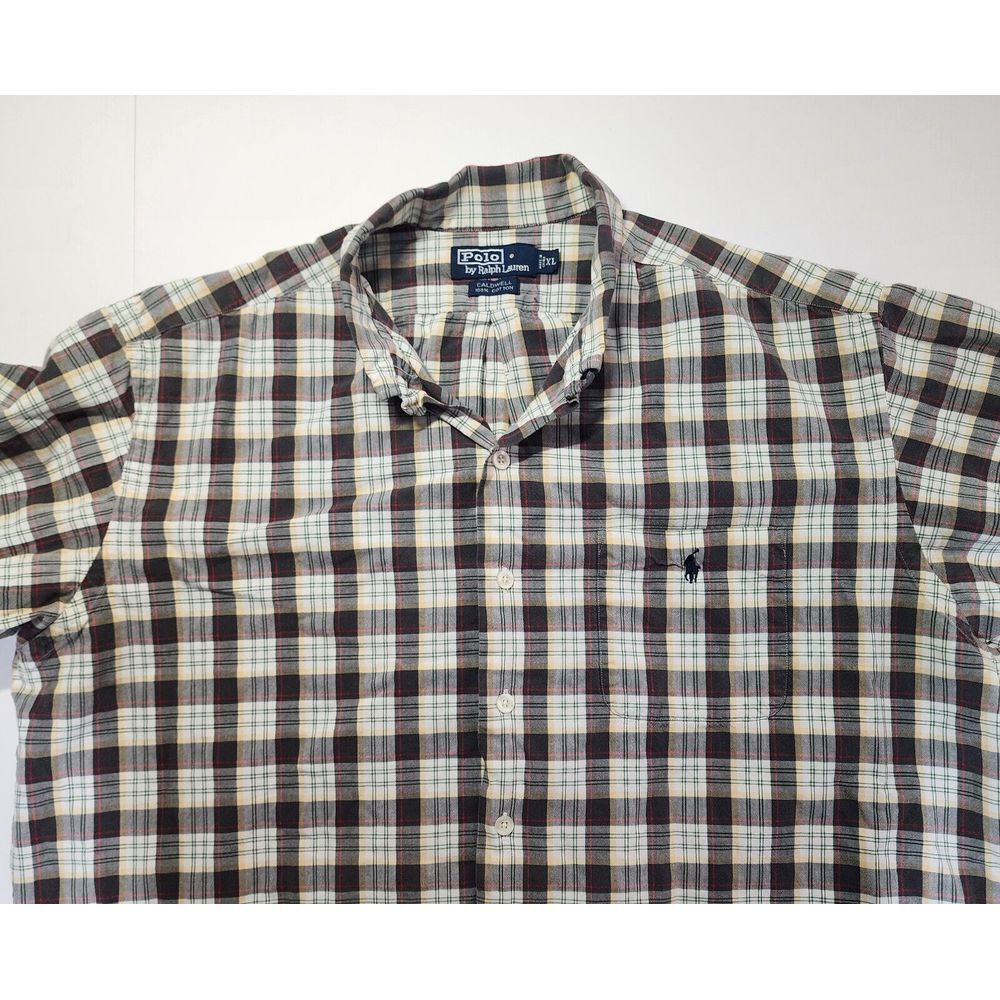 Polo Ralph Lauren Mens Size XL Short Sleeve Button‎ Down Brown Plaid Shirt